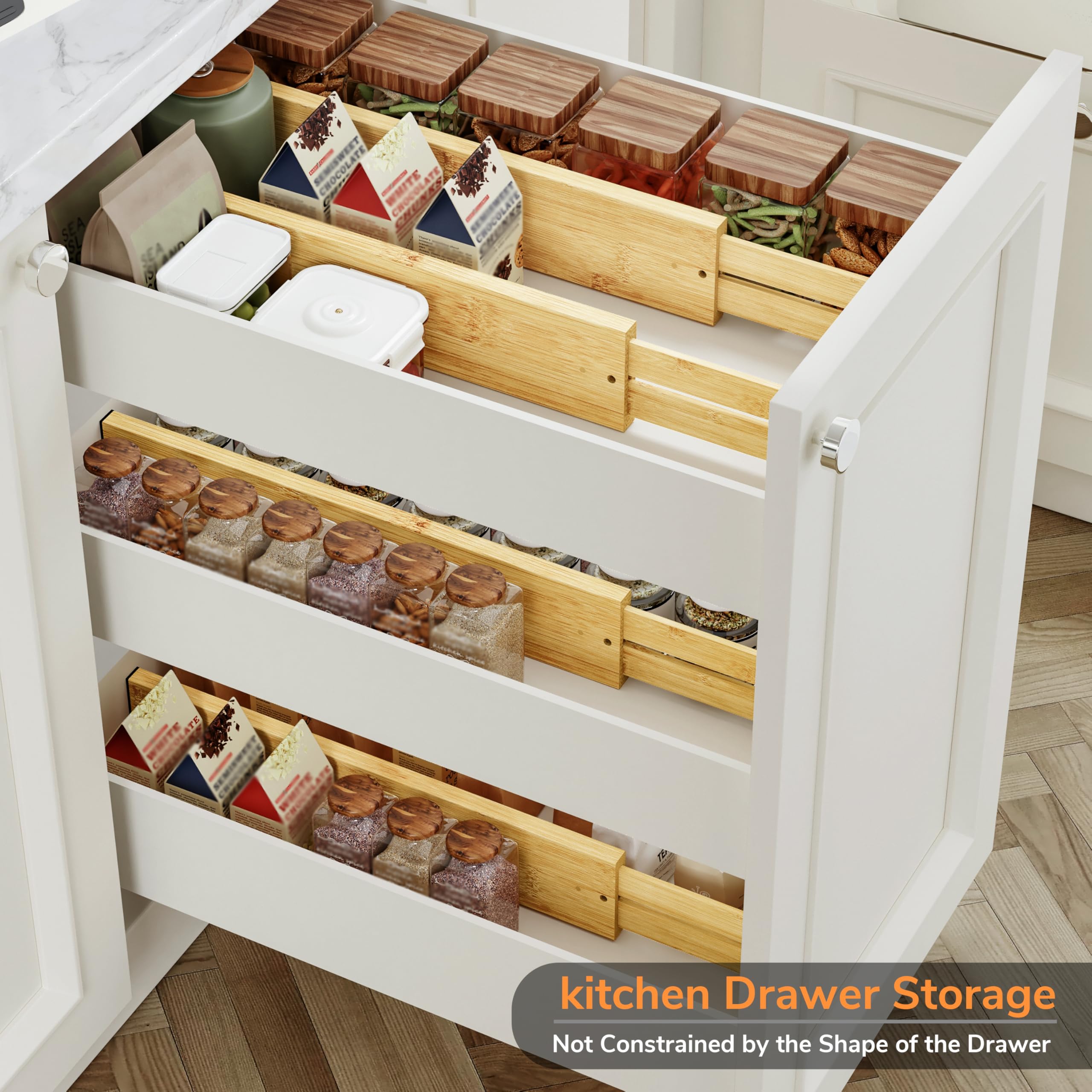BAMEOS in bathroom vanity drawer holding skincare bottles upright benefit