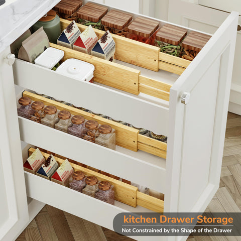 BAMEOS in bathroom vanity drawer holding skincare bottles upright benefit