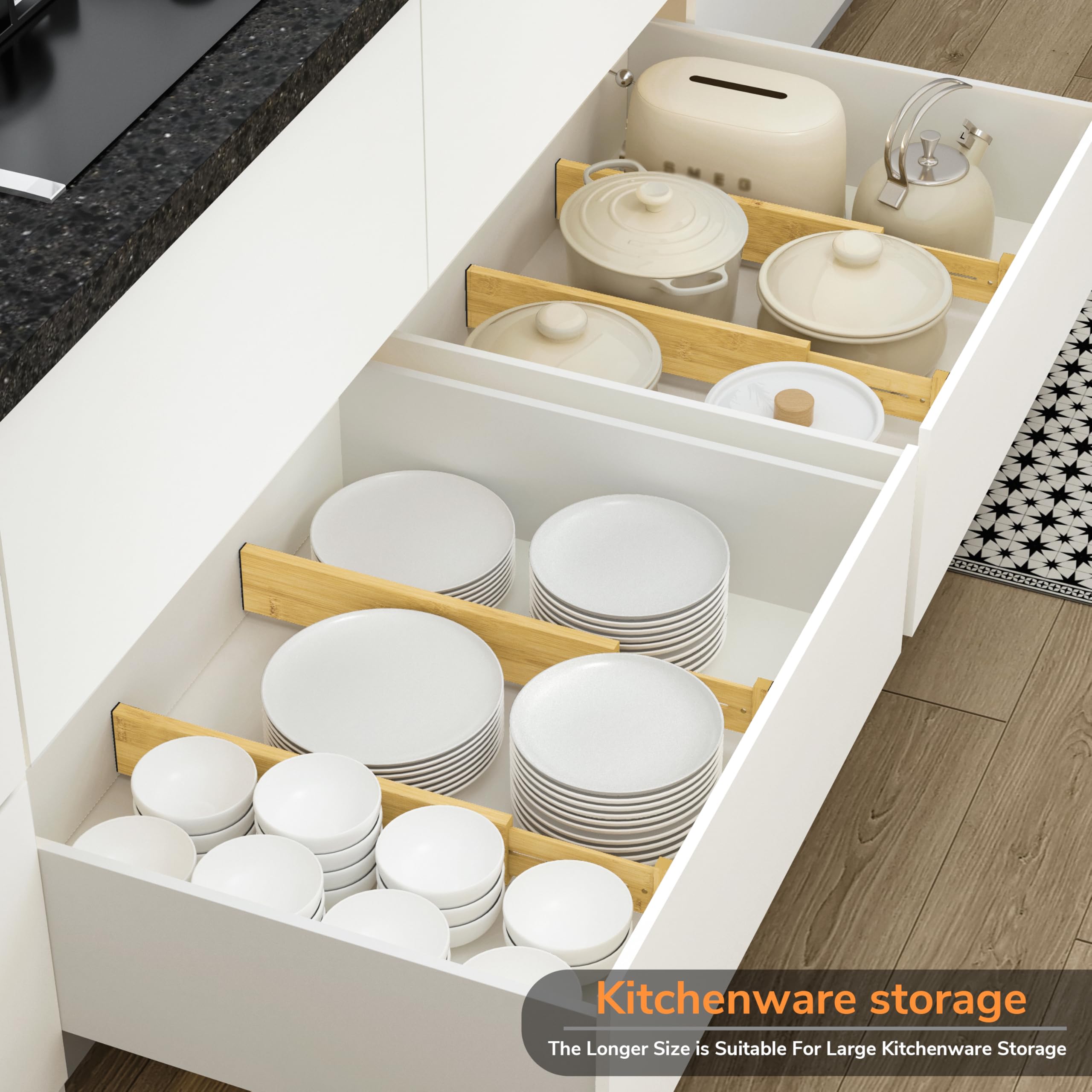 BAMEOS installed in kitchen utensil drawer keeping spatulas upright benefit