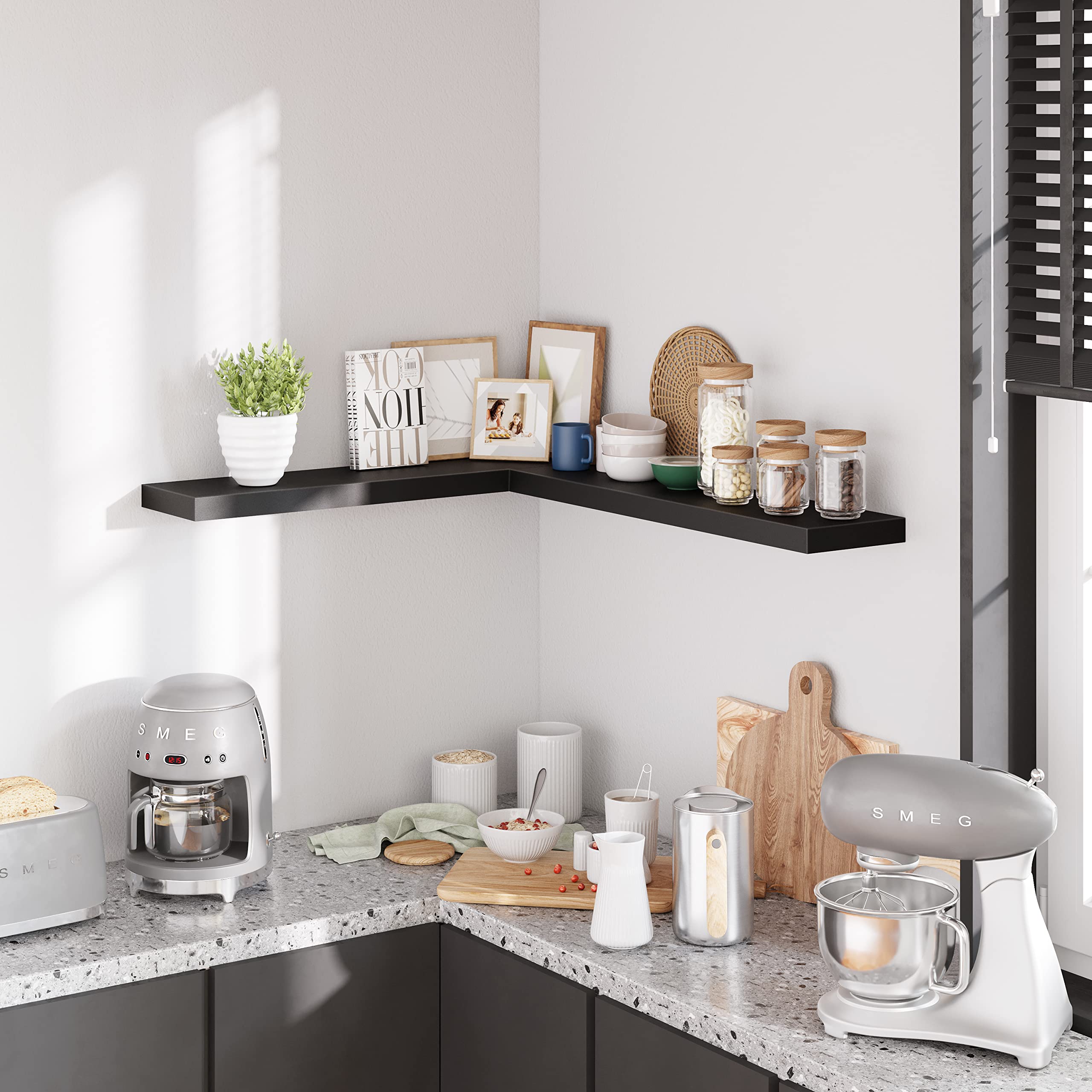 BAMEOS shelf installed above bed with décor demonstrating organized display benefit