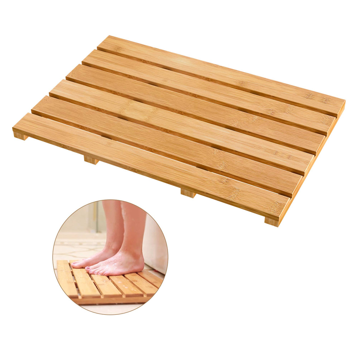 Bamfan front view of bamboo bath mat showing sleek waterproof surface and elegant look