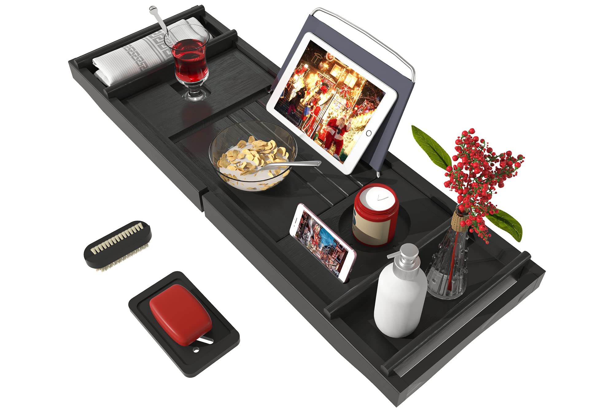 Bamfan front view of bamboo bath caddy showing organized compartments and elegant finish