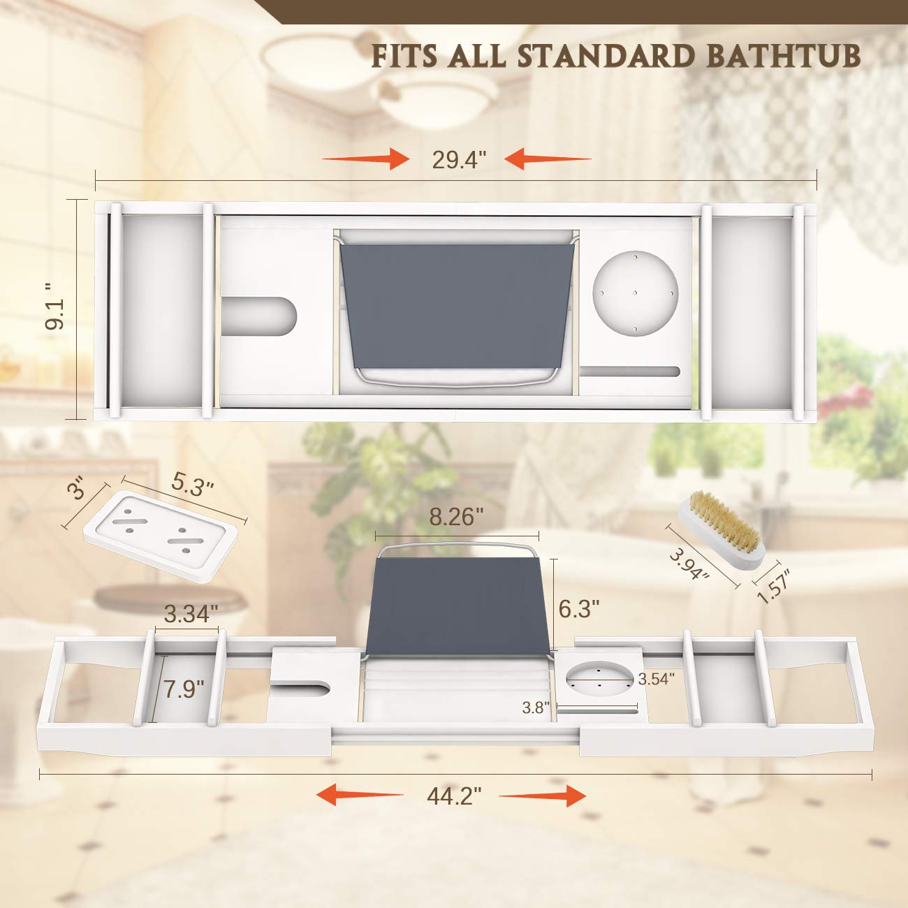 Bamfan tray length shown on tub rim demonstrating adjustable fit