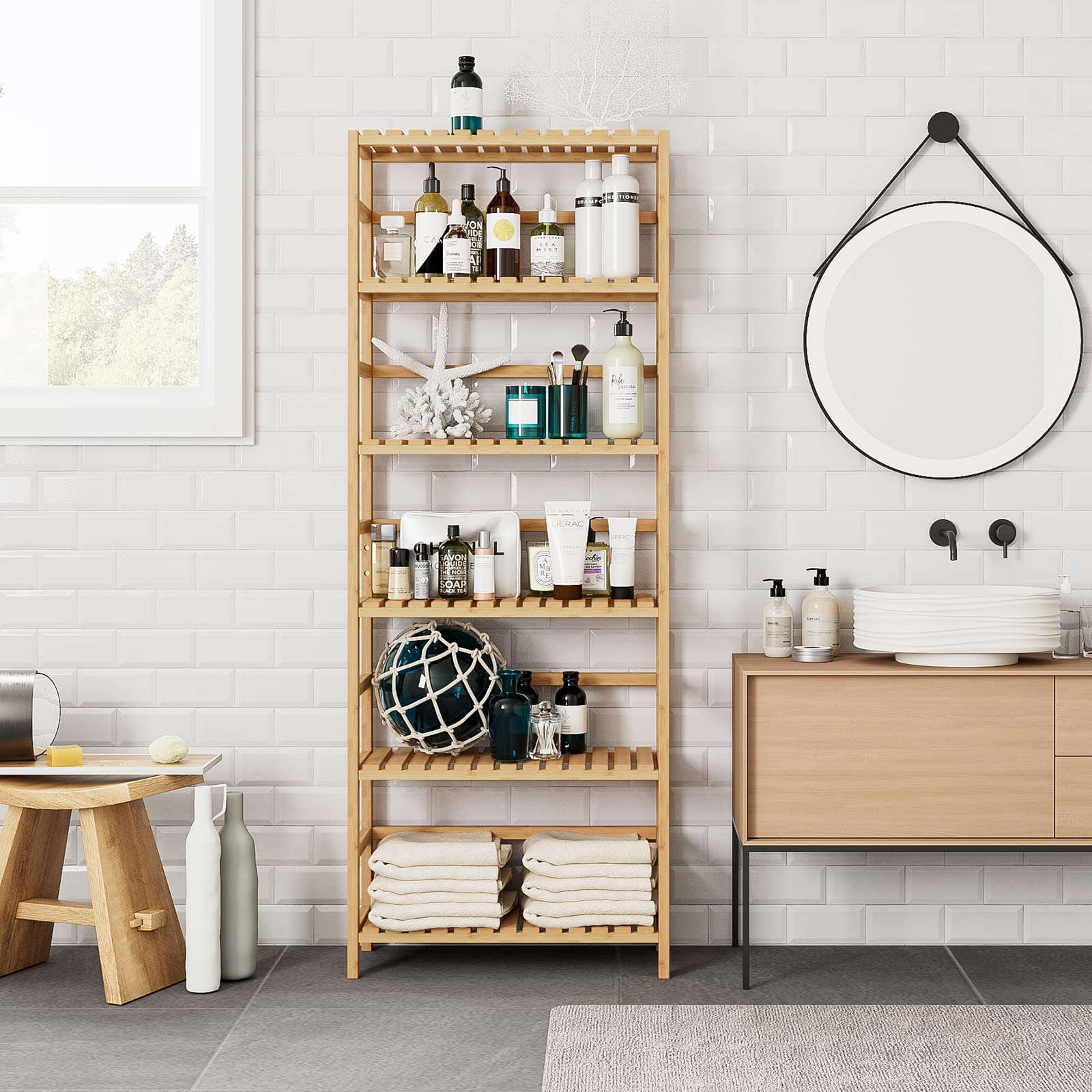 Bamjoy shelf in bathroom holding towels and toiletries for organization