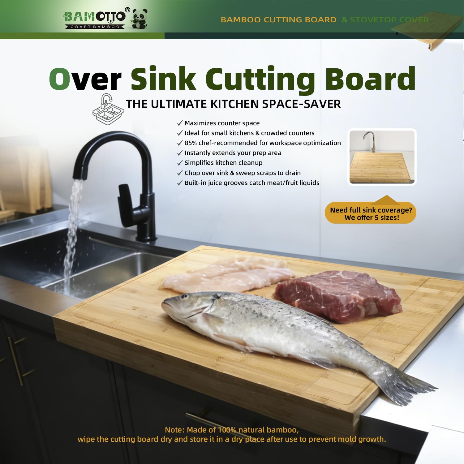 BAMOTTO CRAFTBAMBOO used as stovetop cover showcasing expanded prep area benefit