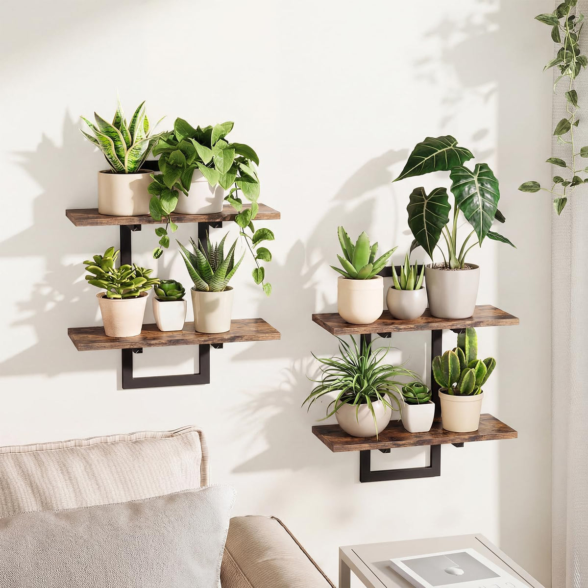 Bamworld front view of brown floating shelves showing secure display benefit