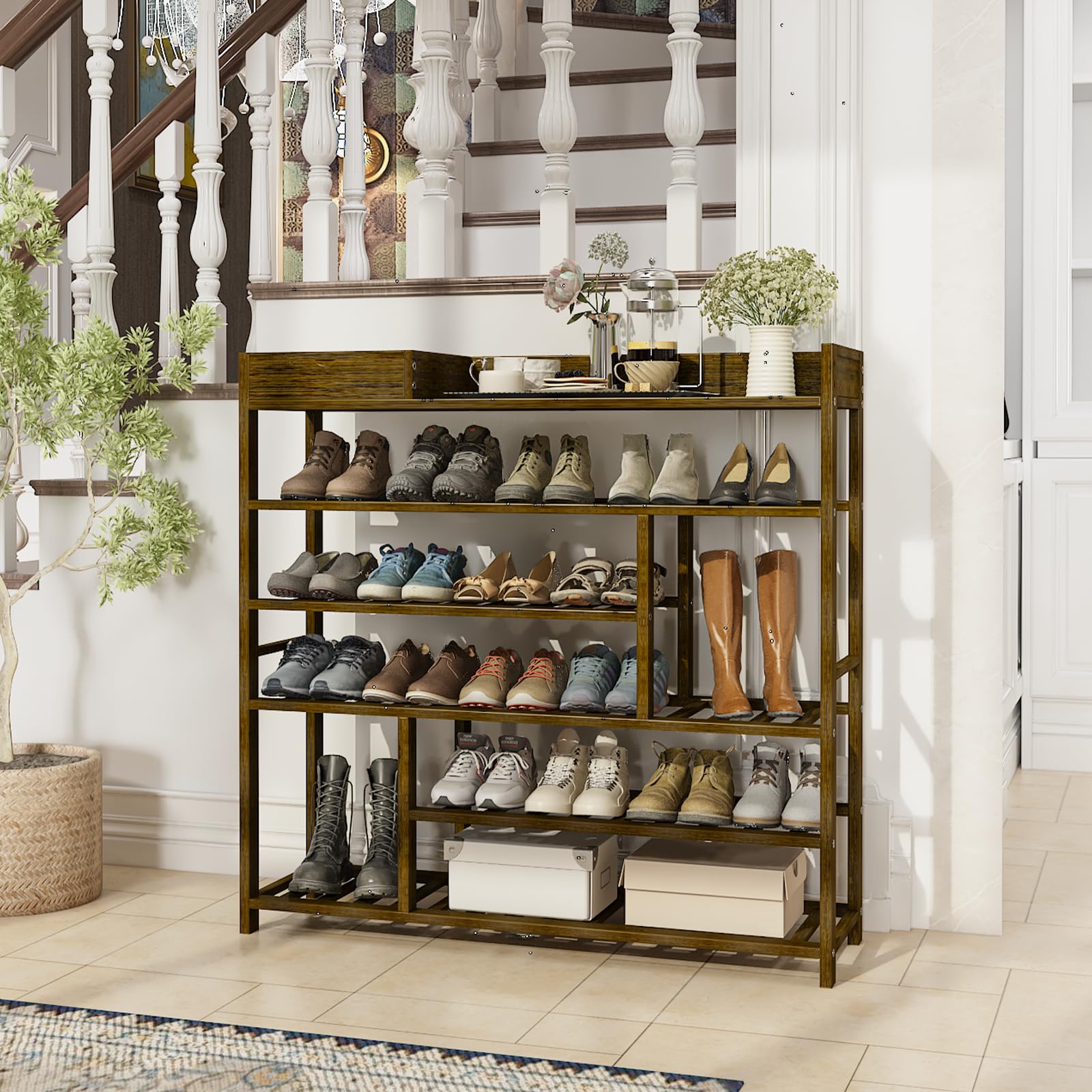 Bamworld shoe rack in use with sneakers and boots showing space-saving benefit