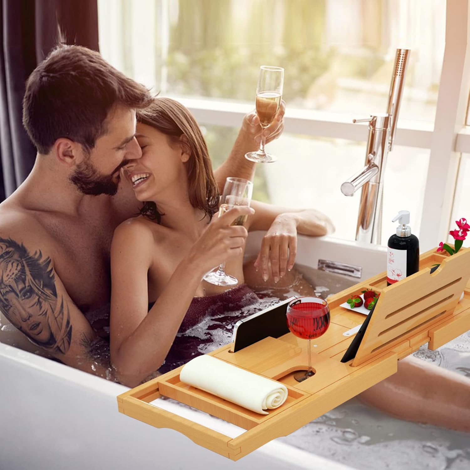 Banlilu wine glass and spa trays organized for relaxing bath time