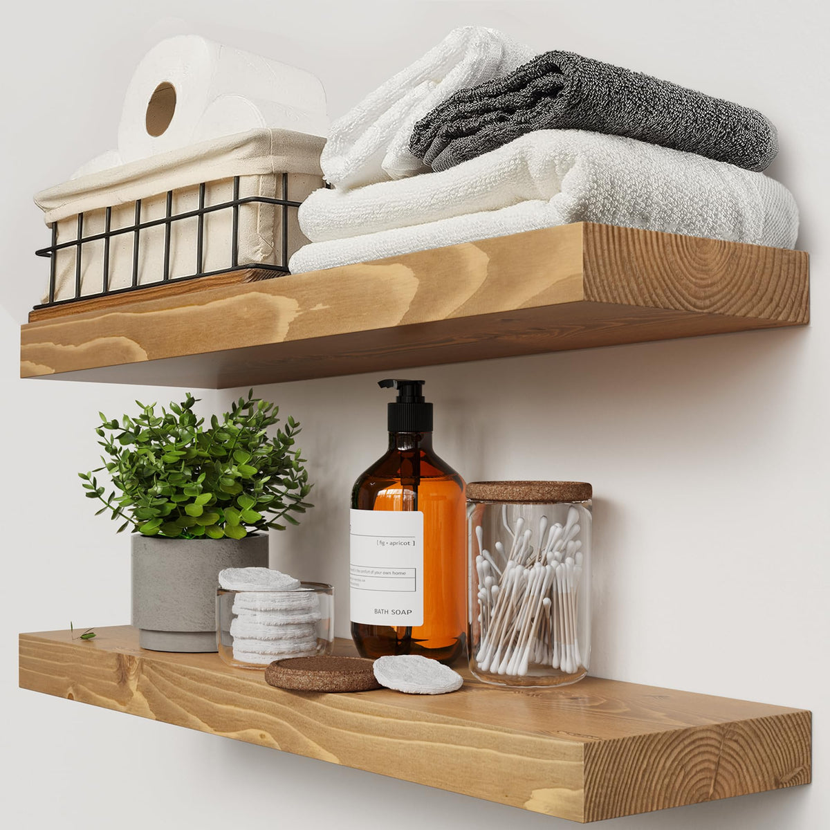 BAOBAB WORKSHOP front view of 24-inch oak shelf showing clean farmhouse finish and benefit of real wood warmth