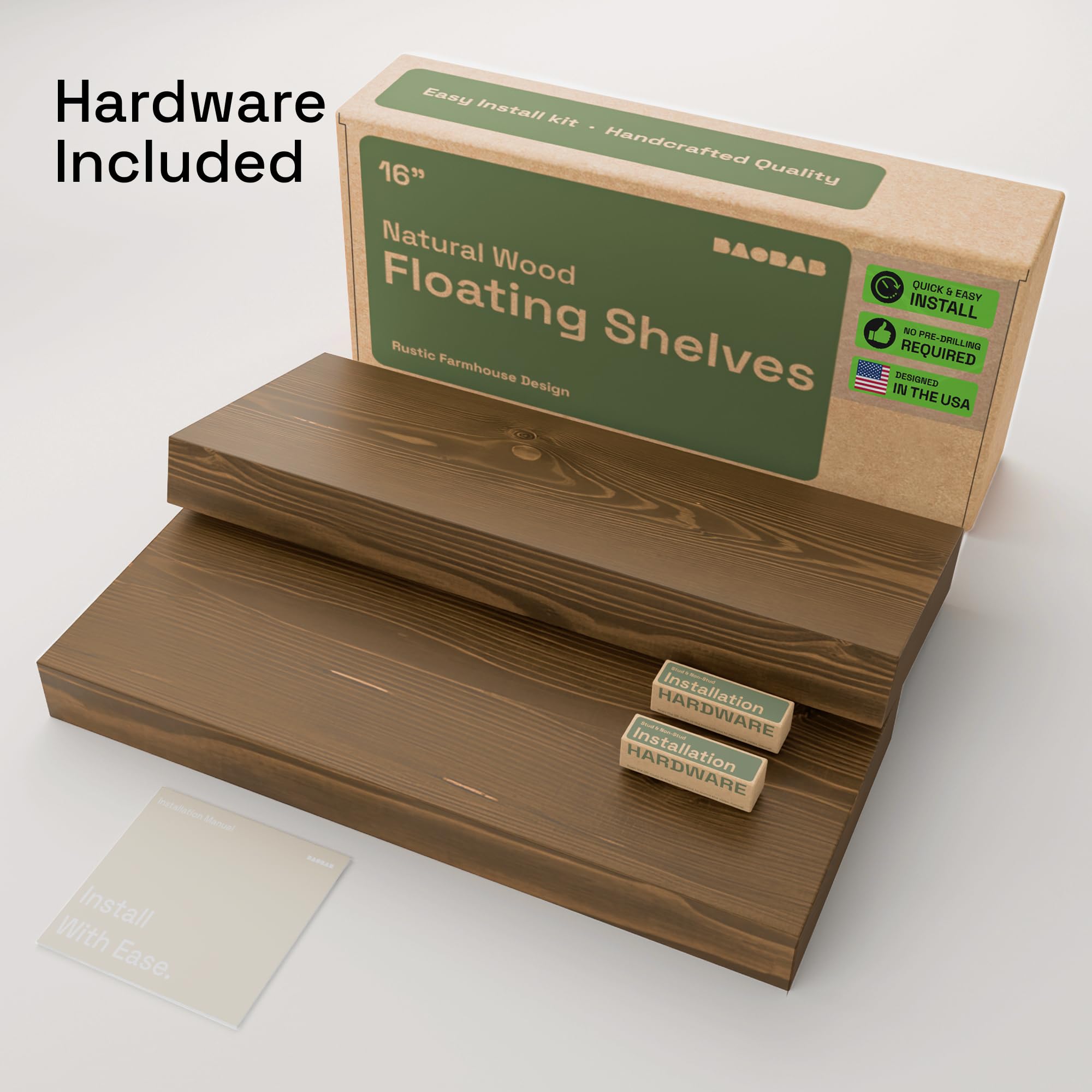 BAOBAB WORKSHOP shelf beside a book to show 16-inch scale and practical depth