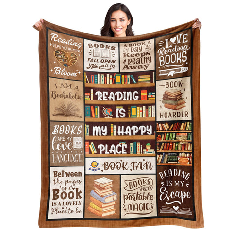BAOERN blanket front print showing book-themed pattern and cozy appeal