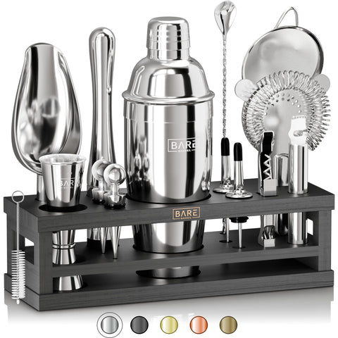 Bare Barrel front package display showing complete 16-piece set and bamboo organizer benefit