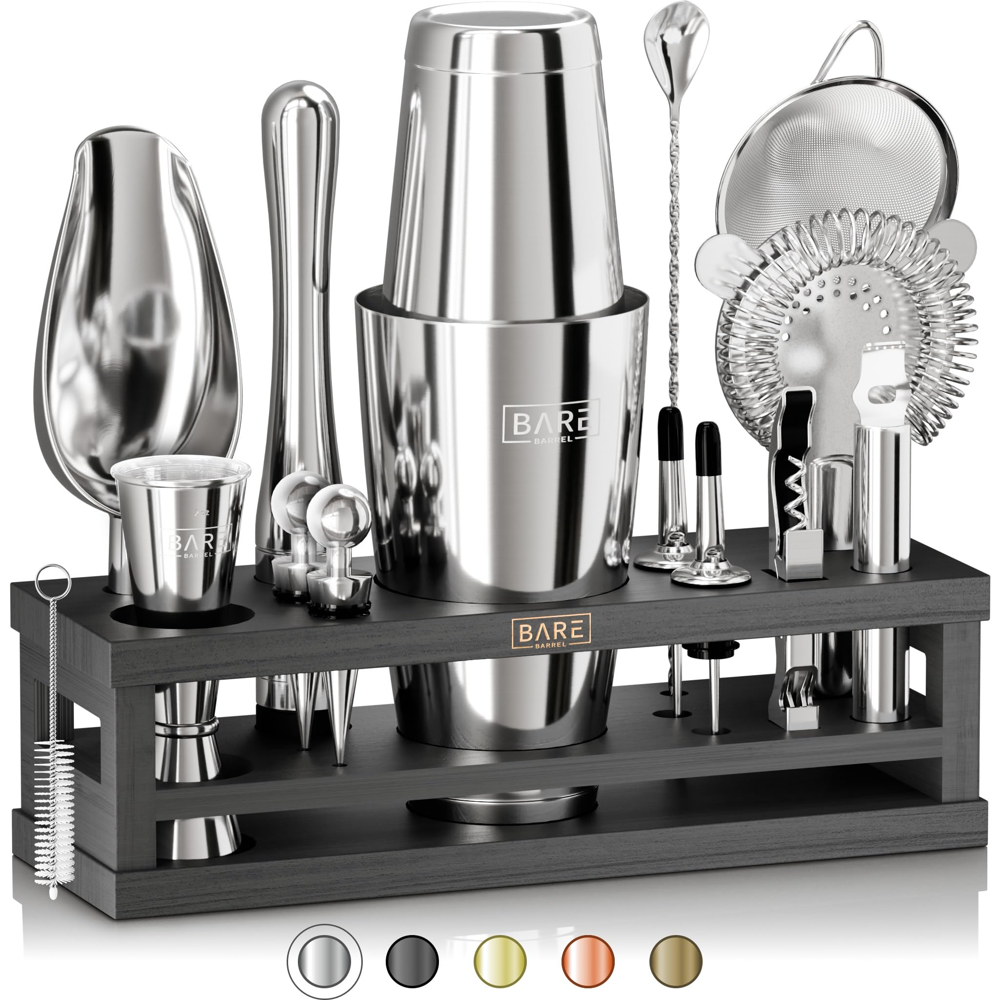 Bare Barrel front view of complete 16-piece bartender kit, neat display and organization