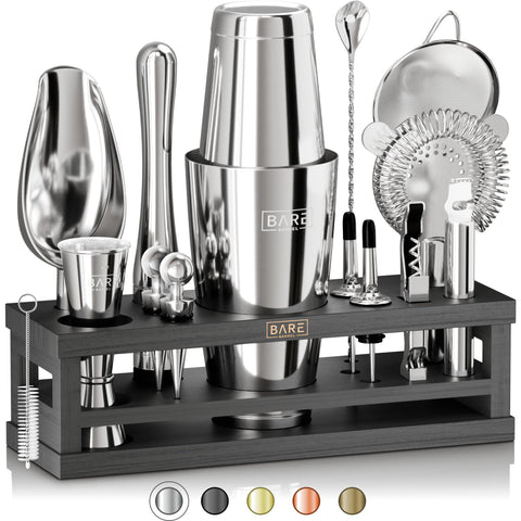 Bare Barrel front view of complete 16-piece bartender kit, neat display and organization