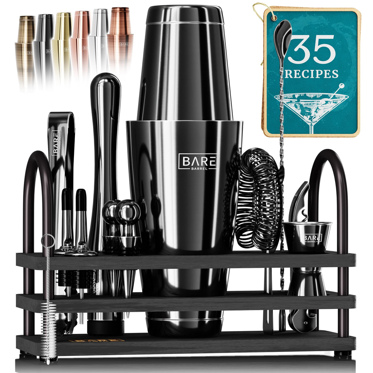 Bare Barrel front packaging showing jet black Boston shaker and accessories, gift-ready