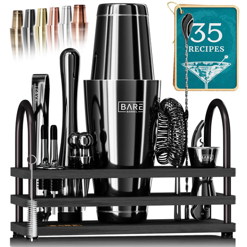Bare Barrel front packaging showing jet black Boston shaker and accessories, gift-ready