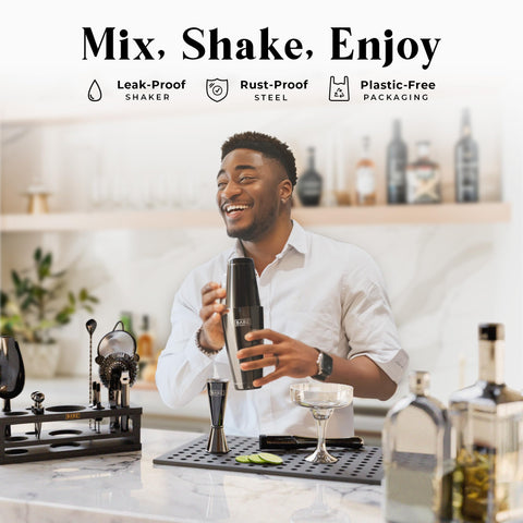 Bare Barrel complete mixology tool layout showing all 16 pieces for versatile home bartending