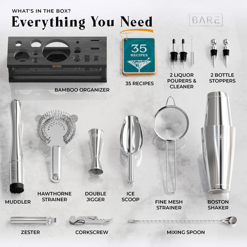 Bare Barrel muddler and double-sided jigger close-up for accurate measuring