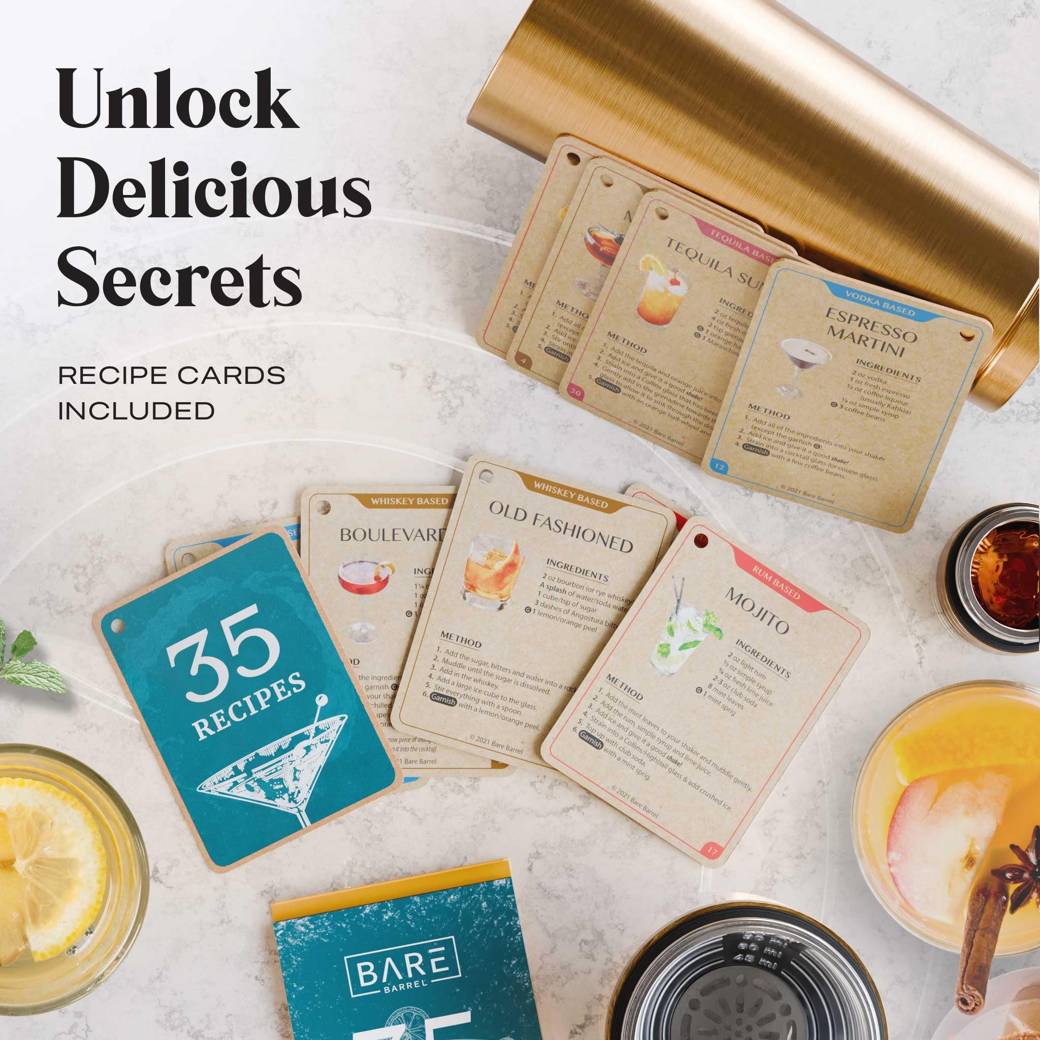 Bare Barrel recipe cards fanned to showcase included cocktail inspirations