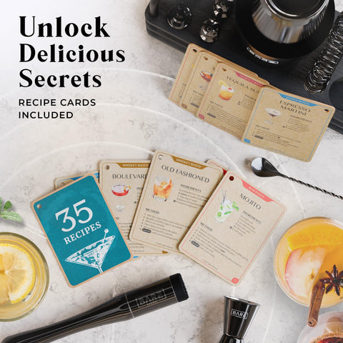 Bare Barrel 35 recipe cards fanned out, quick cocktail guides included
