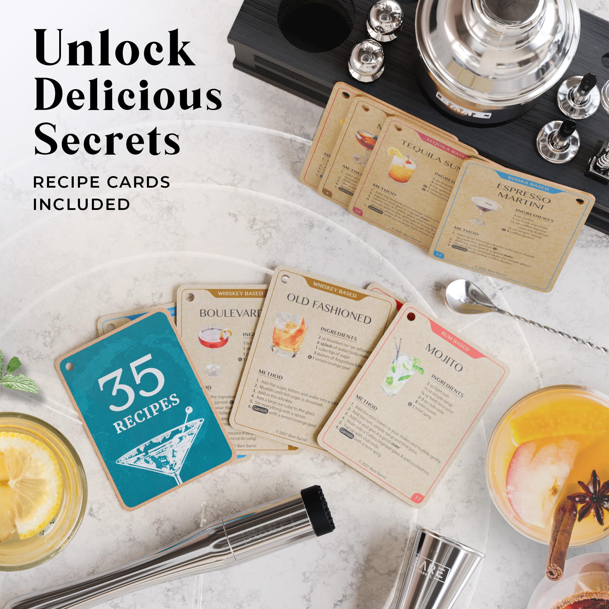Bare Barrel recipe cards spread revealing cocktail variety and learning benefit