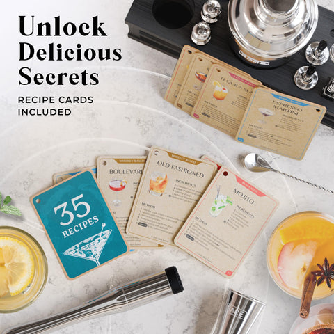 Bare Barrel recipe cards spread revealing cocktail variety and learning benefit