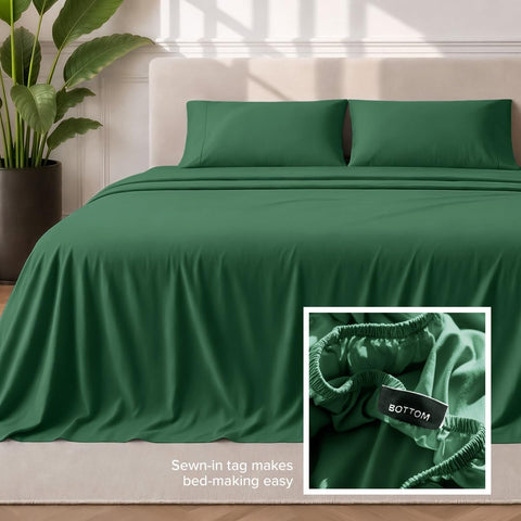 Bare Home bedroom lifestyle with Forest Green sheets showing ambiance benefit: calming color