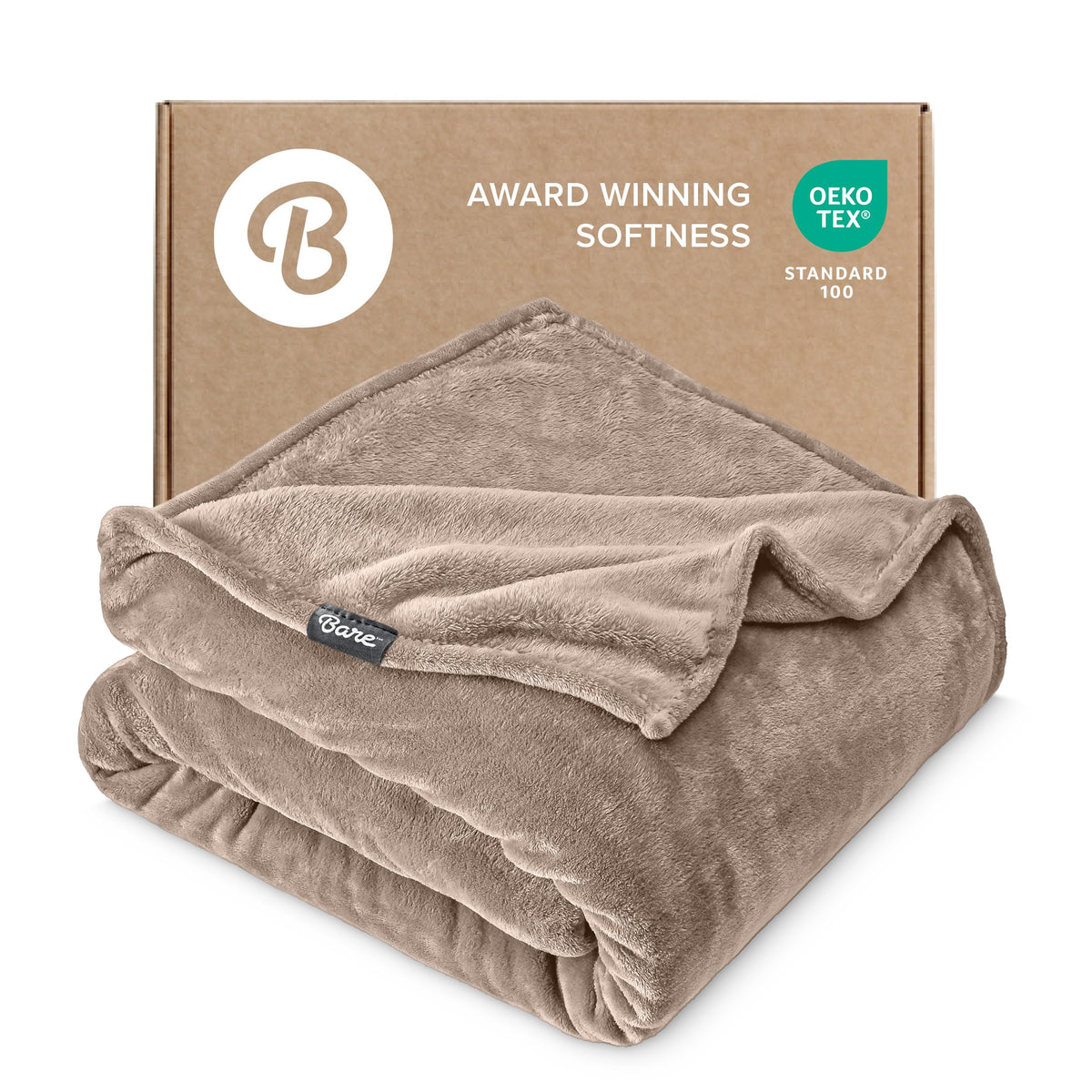Bare Home blanket front view showing taupe color and generous coverage
