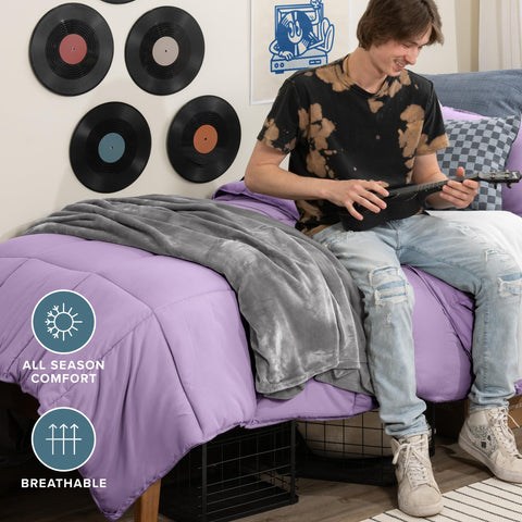 Bare Home comforter edge and care label showing construction and easy-care tips