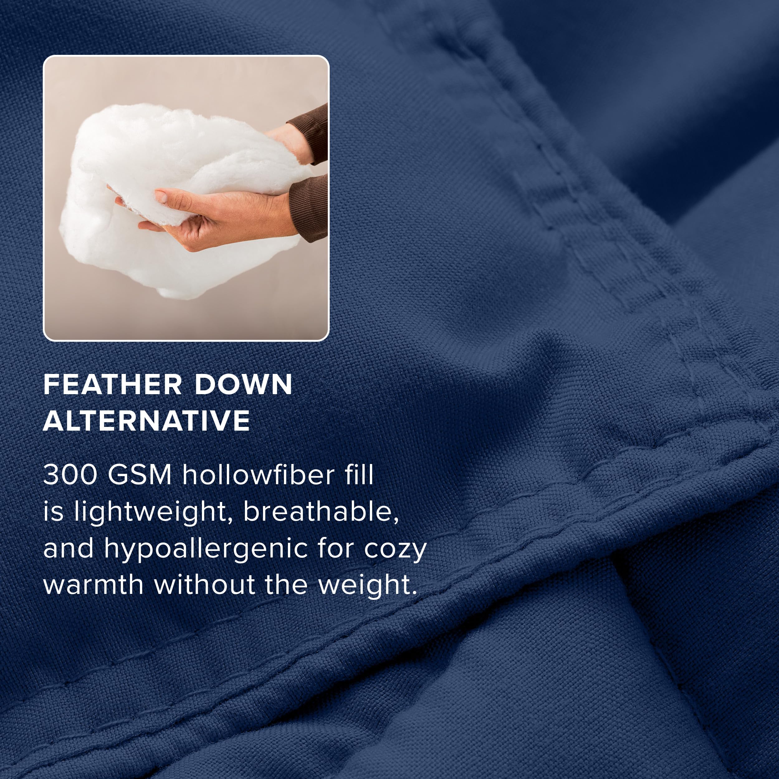 Bare Home folded comforter ready for storage demonstrating compact, easy care