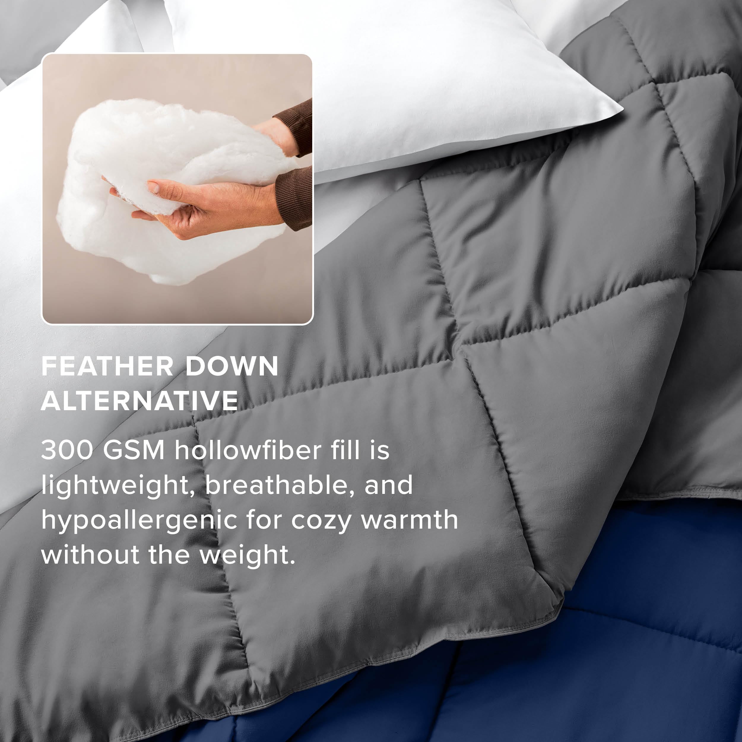 Bare Home folded comforter showing compact storage and easy laundering