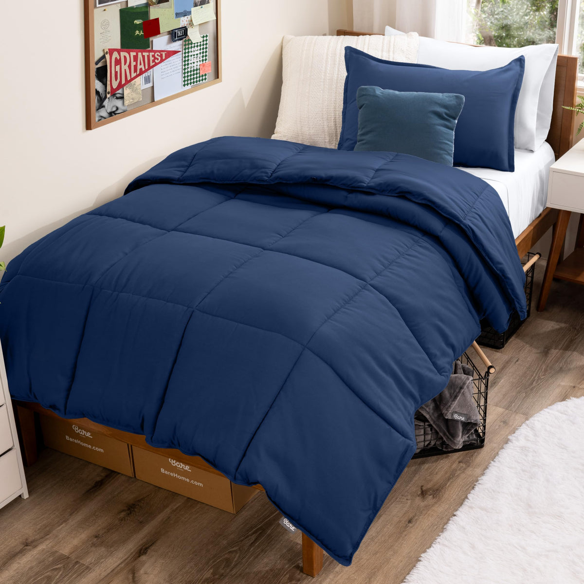 Bare Home comforter front view in dark blue showing clean styling and easy layering
