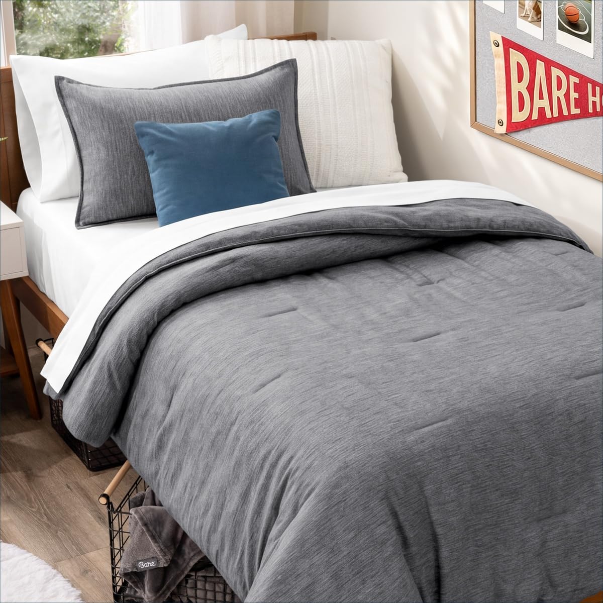 Bare Home comforter front packaging showing clean heathered charcoal and neat edges for stylish bedding