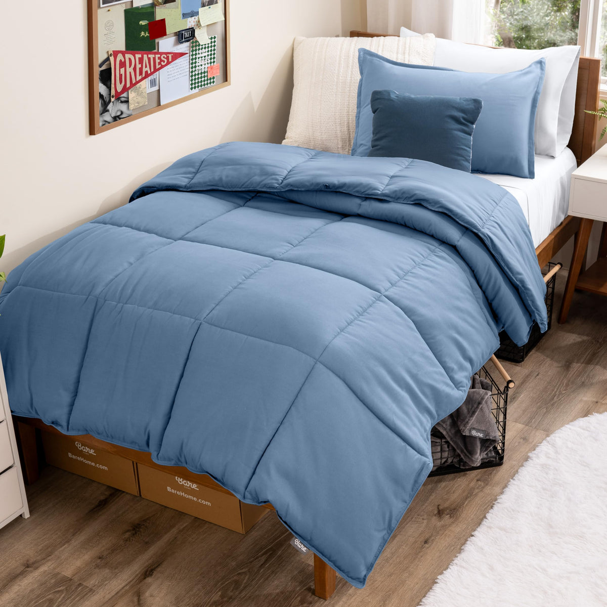 Bare Home comforter front view in coronet blue showing cozy bed setup