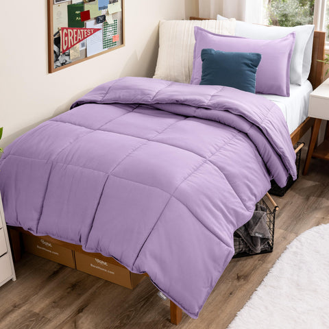 Bare Home comforter front view in lavender showing full coverage and cozy look