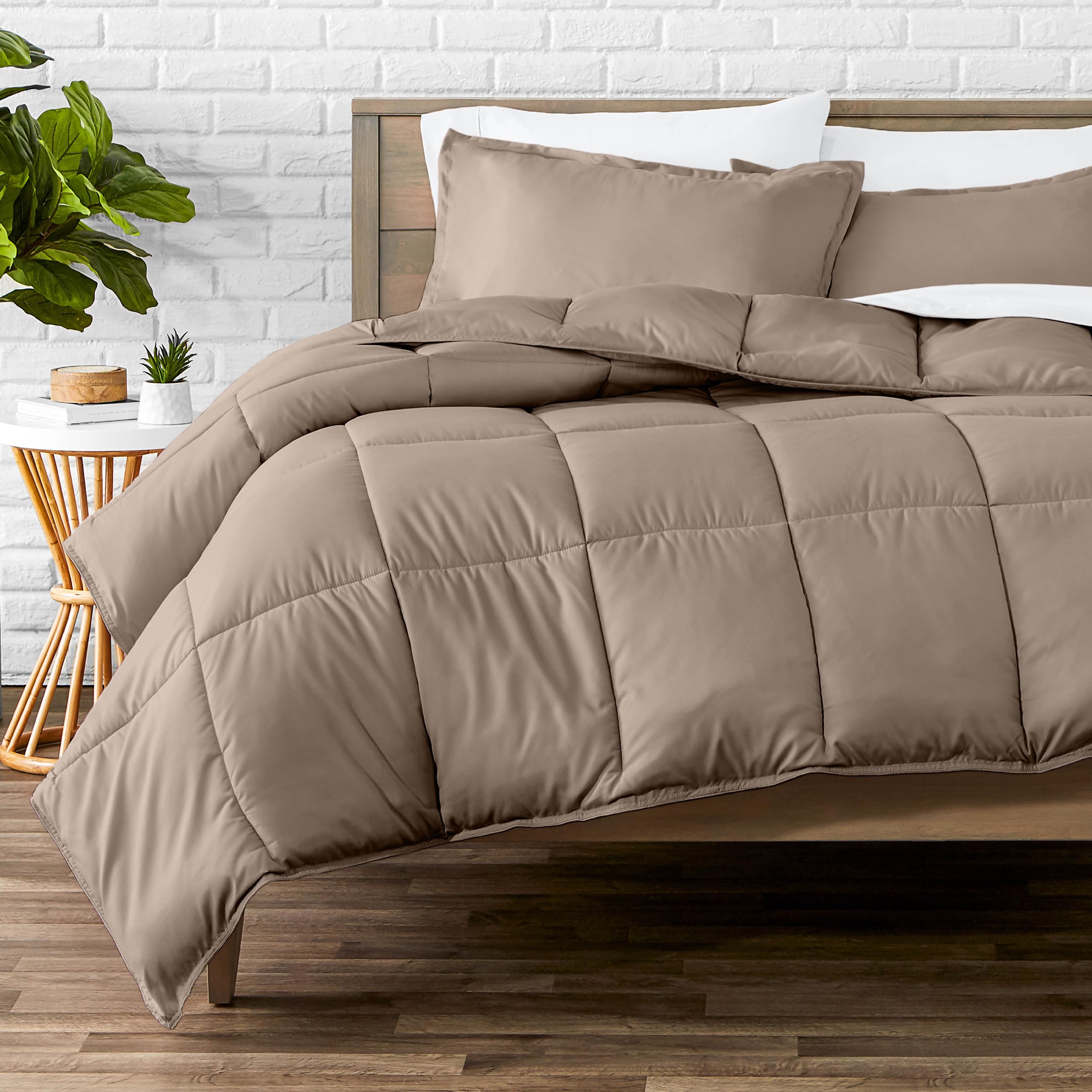 Bare Home front view of queen comforter in taupe showing cozy coverage