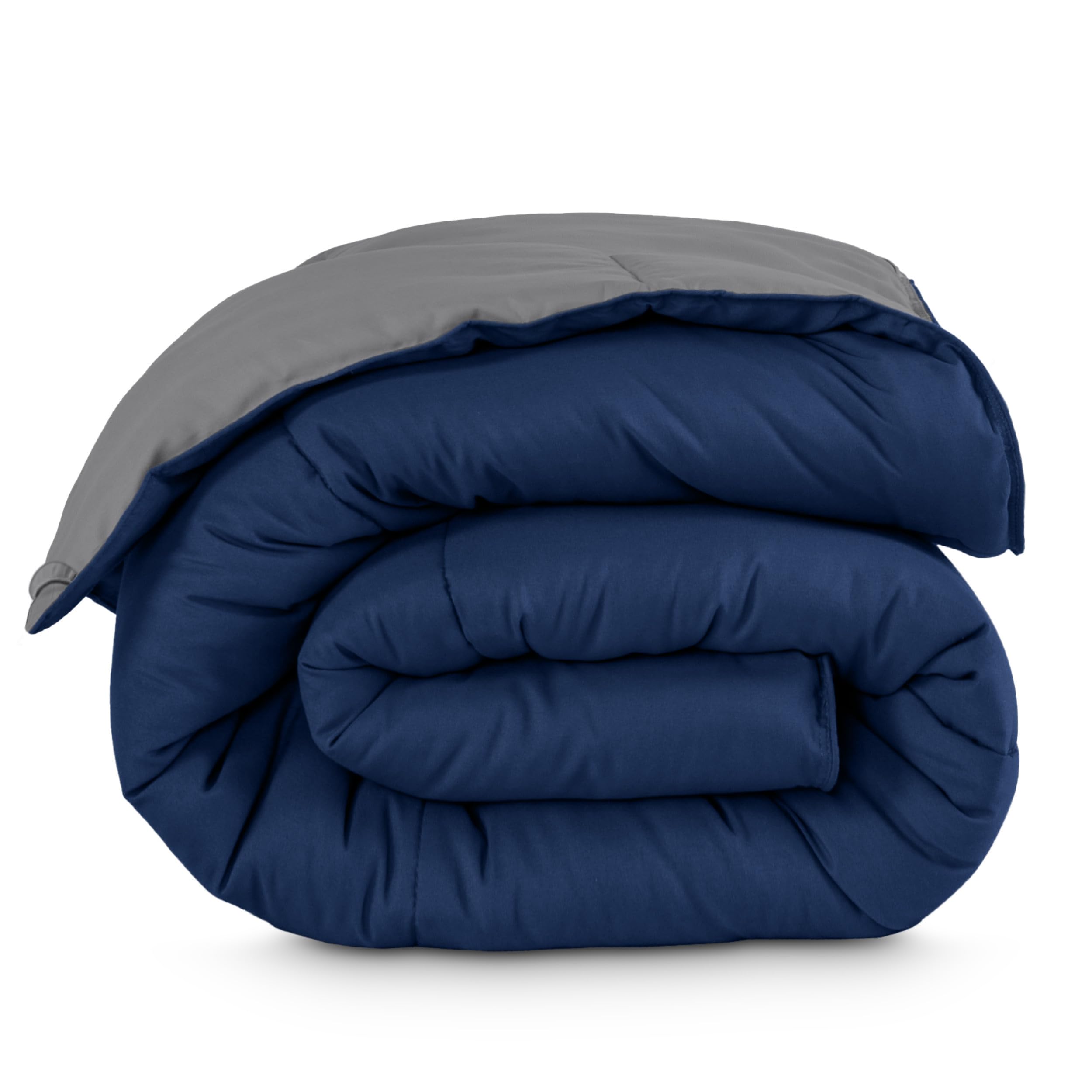 Bare Home comforter front view showing dark blue side and cozy look