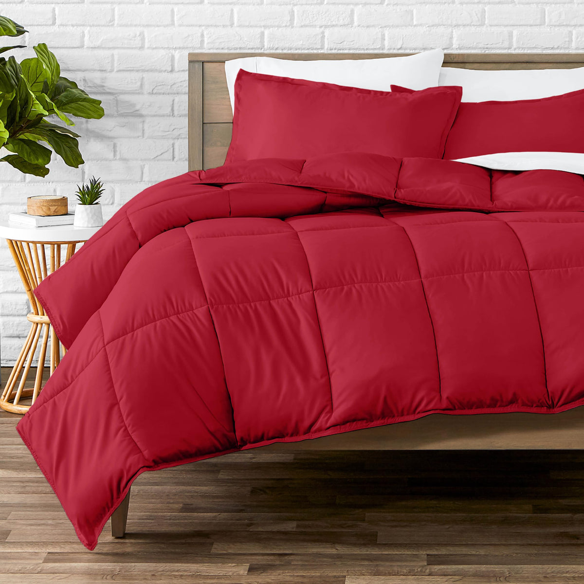 Bare Home front view of red queen comforter showing full coverage and inviting color