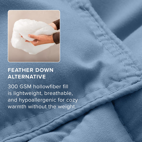 Bare Home comforter styled in dorm room for compact-bedroom comfort