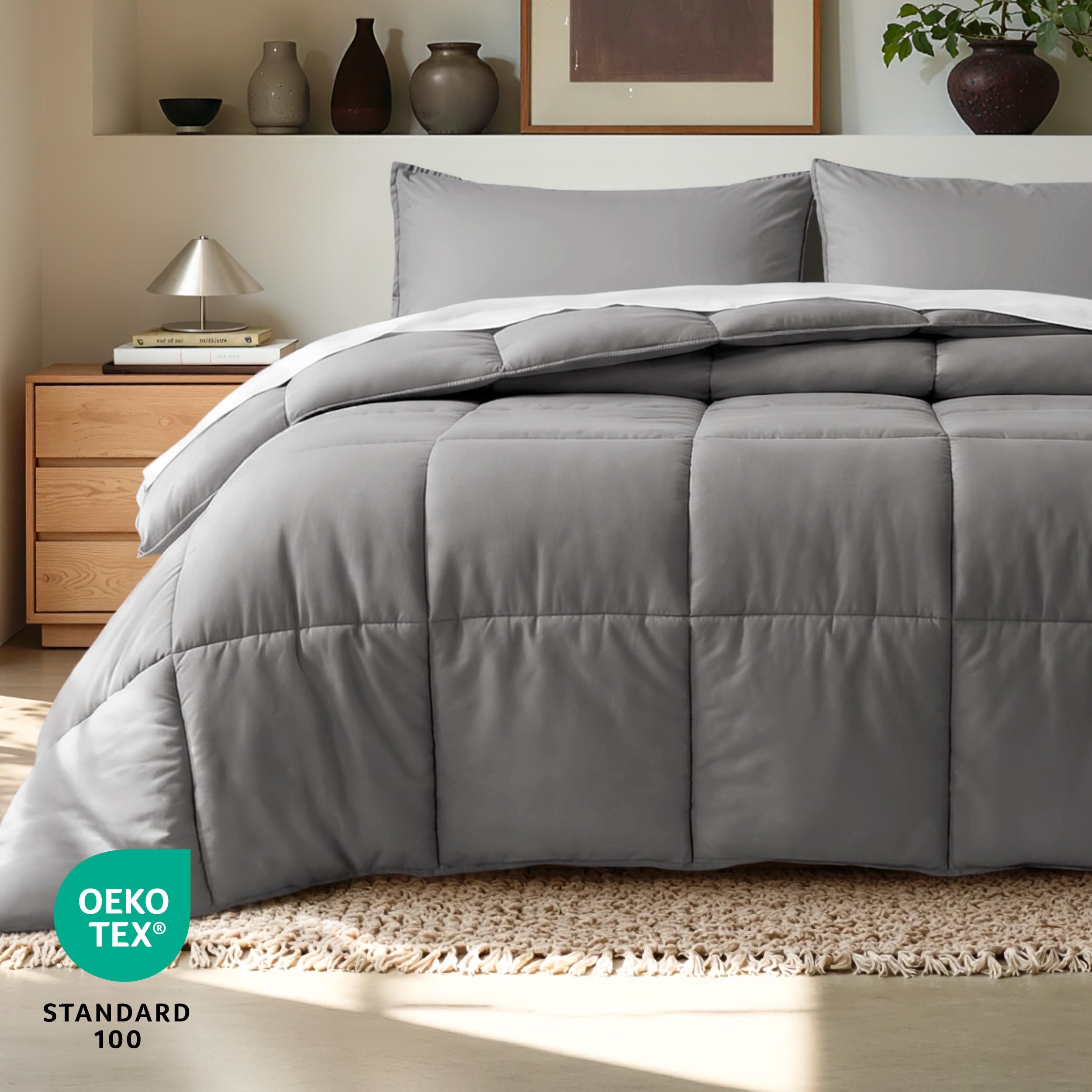 Bare Home comforter laid on twin bed illustrating neat coverage and fit