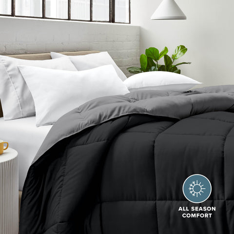 Bare Home comforter folded with label showing easy-care instructions
