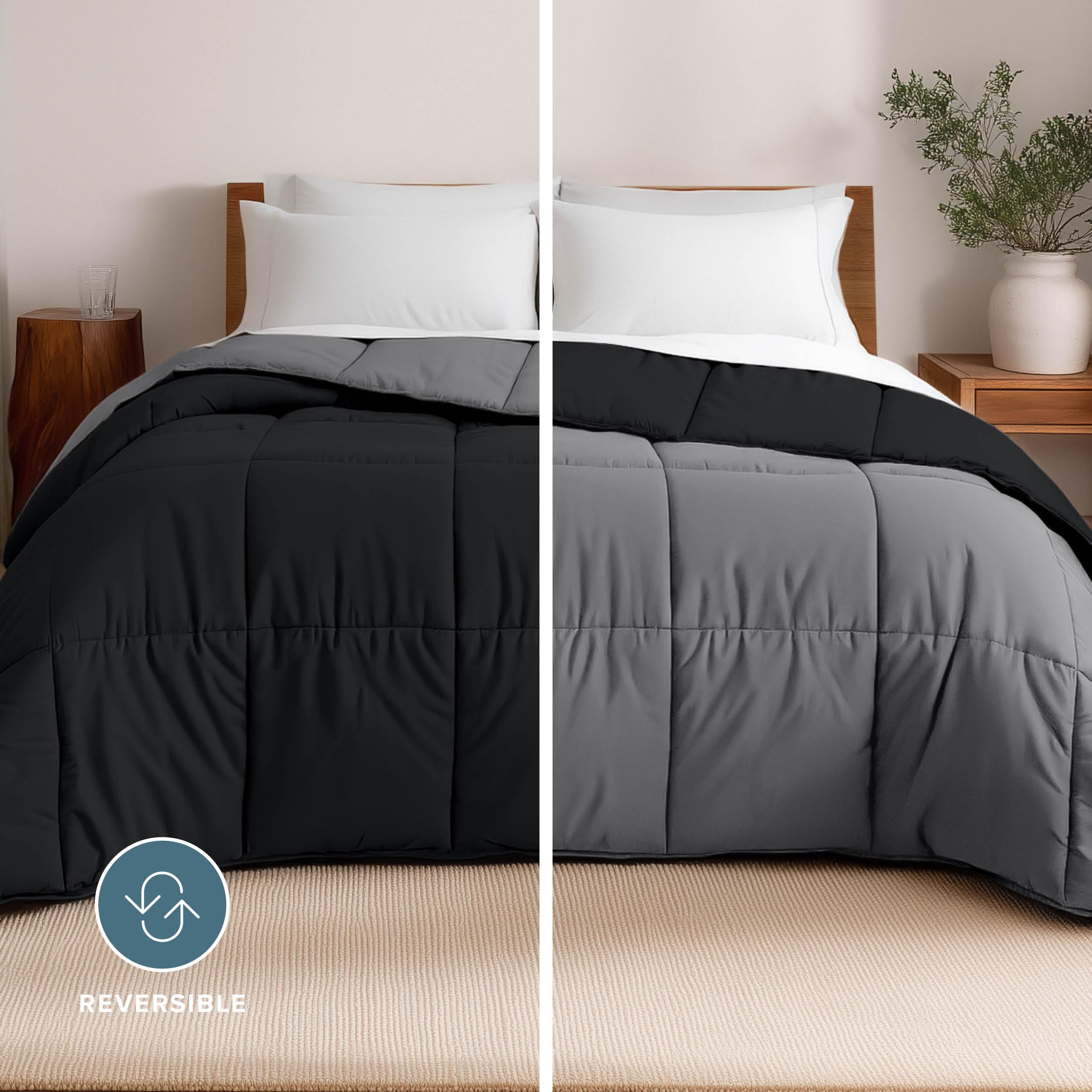 Bare Home comforter flipped to show reversible black and grey sides