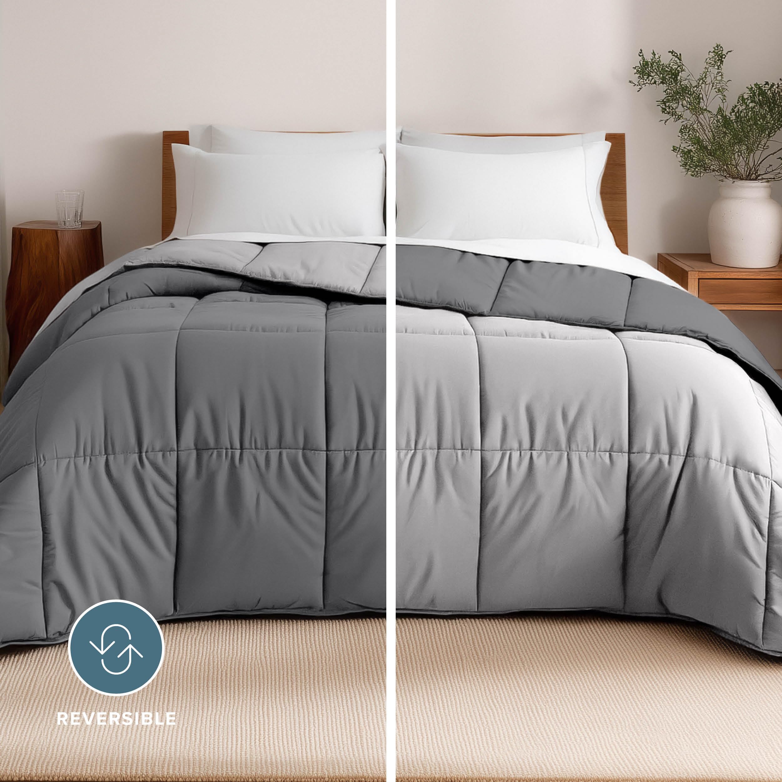 Bare Home comforter reverse side displaying light grey for easy style change