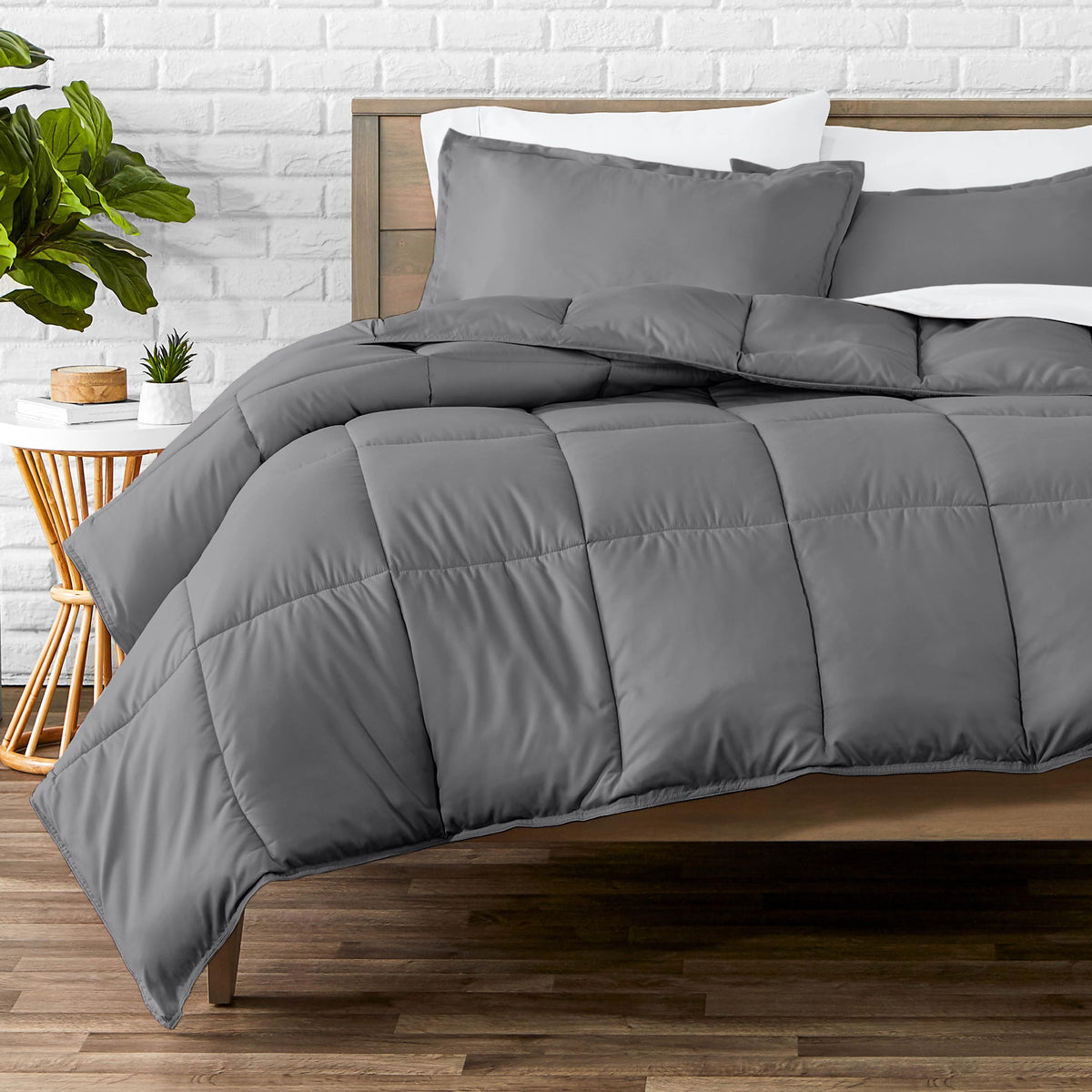 Bare Home comforter set front view showing grey bedding and neat finish benefit: coordinated look