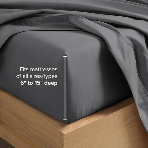 Bare Home deep pocket fitted sheet on mattress showing 15-inch fit for thicker beds