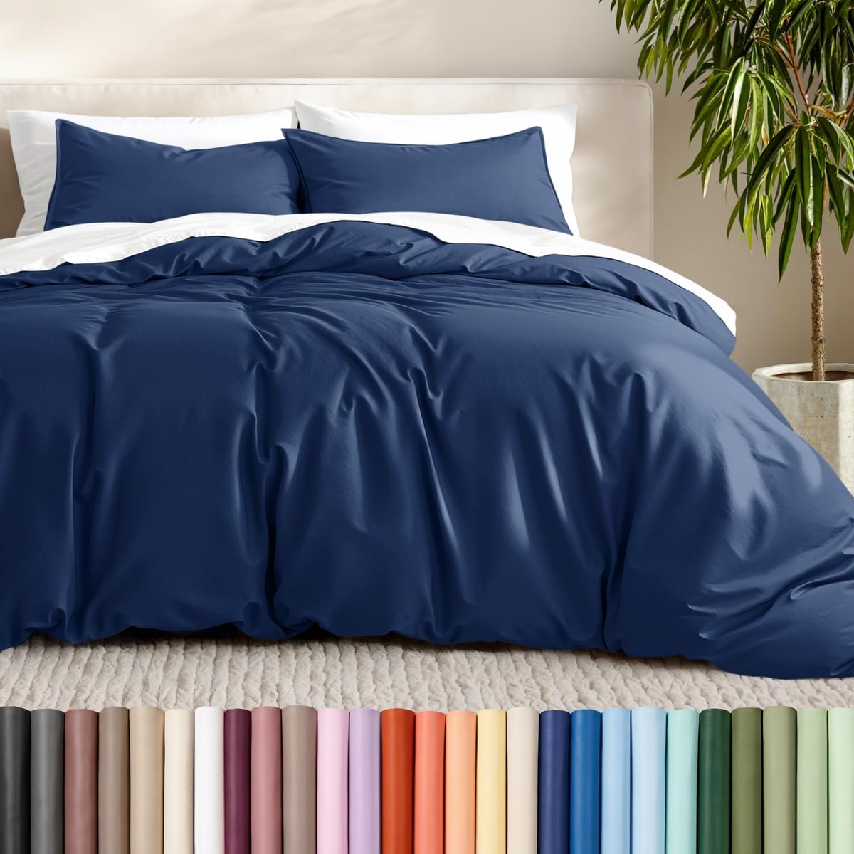 Bare Home front view of dark blue duvet cover showing clean tailored look and calming tone