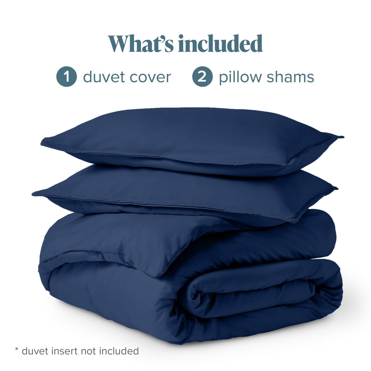Bare Home lifestyle bedroom shot with dark blue cover creating cozy, modern atmosphere