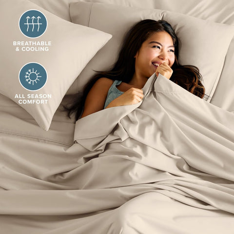 Bare Home fitted sheet showing full elastic and deep pocket to prevent slipping