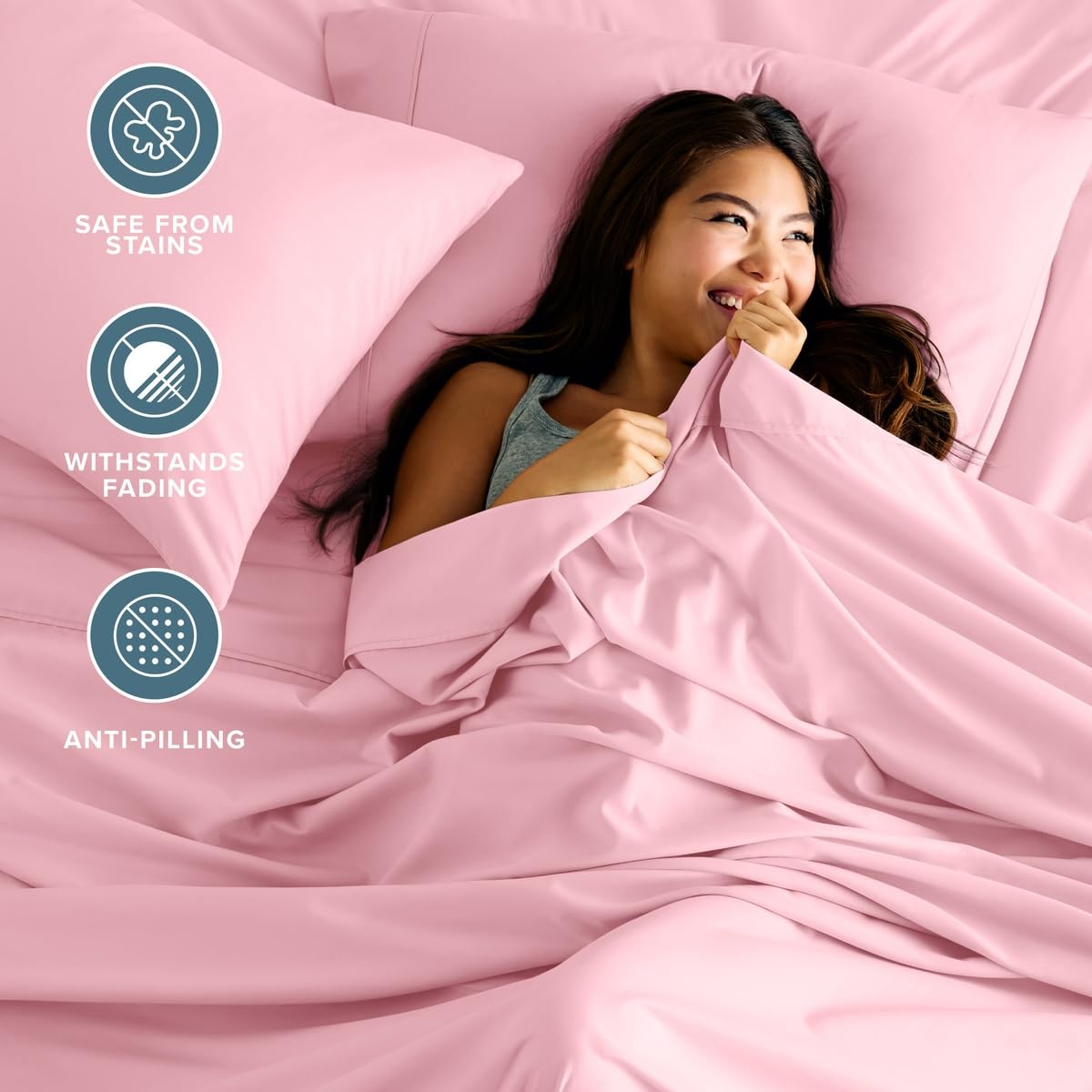 Bare Home fitted sheet elastic shown all around, prevents slipping overnight