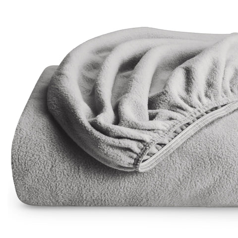 Bare Home fitted sheet front view showing clean light grey color and snug look
